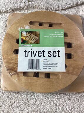 Kamenstein 2-Piece Natural Hardwood Trivet Set*Round *Square Design*Kitchen*NIP